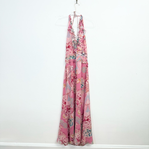 Vintage Kay Unger Pink Silk Floral Halter Maxi Dress Ruffle Y2K Romantic -  erickpacheco.com.br